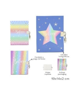 Diario Intimo 19x14cm Candado Y Juego De Llaves  Detalles Holo  Hojas Rayadas Trendy 30653 30655 30654 Tar02