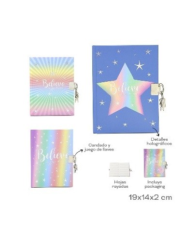 Diario Intimo 19x14cm Candado Y Juego De Llaves  Detalles Holo  Hojas Rayadas Trendy 30653 30655 30654 Tar02