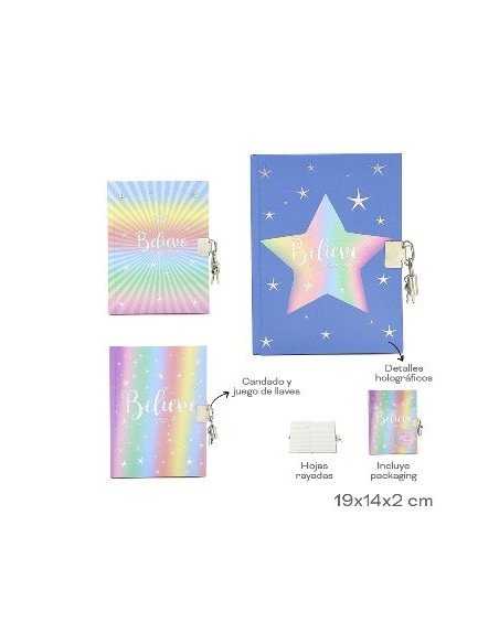 Diario Intimo 19x14cm Candado Y Juego De Llaves  Detalles Holo  Hojas Rayadas Trendy 30653 30655 30654 Tar02