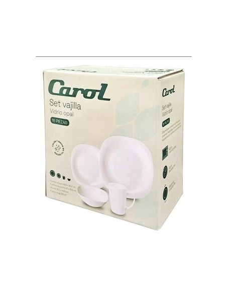 Juego De Platos  X 16 Pzas Vidrio Templado Blanco Caja 64160 Car15