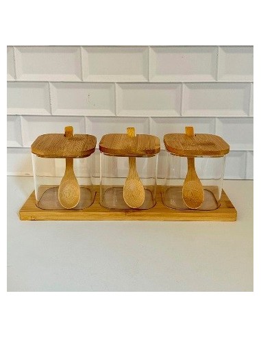 Frasco Vidrio X 3 C-cuchara Tapa Y Bandeja Bambo 301328 Pcu01