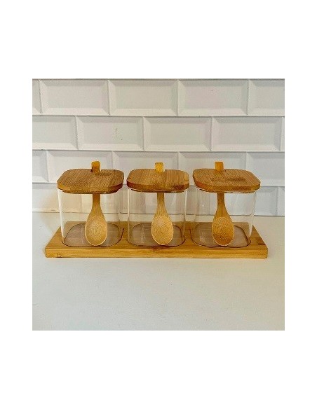 Frasco Vidrio X 3 C-cuchara Tapa Y Bandeja Bambo 301328 Pcu01