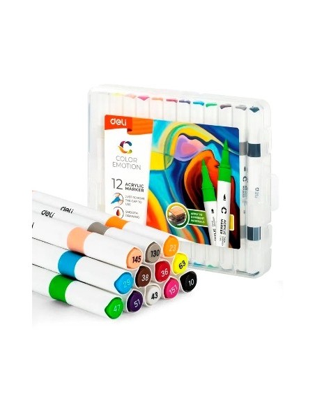 Marcador X 12 Acrilico Doble Punta Pincel Valija Ec190-12 Deli