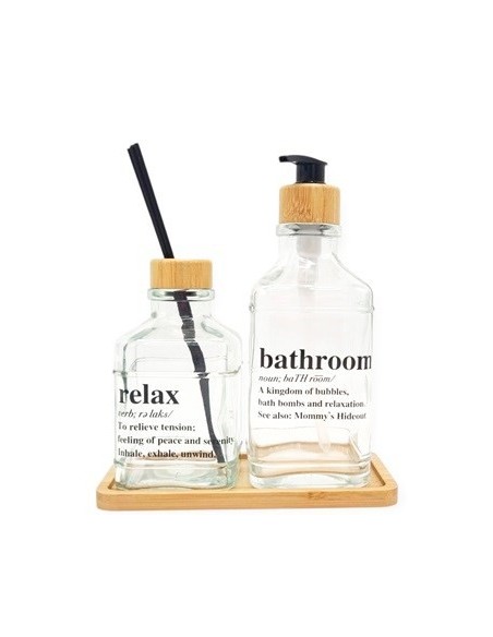 Set Dispenser + Difusor Vidrio +base Bambu Dp7 Gal01