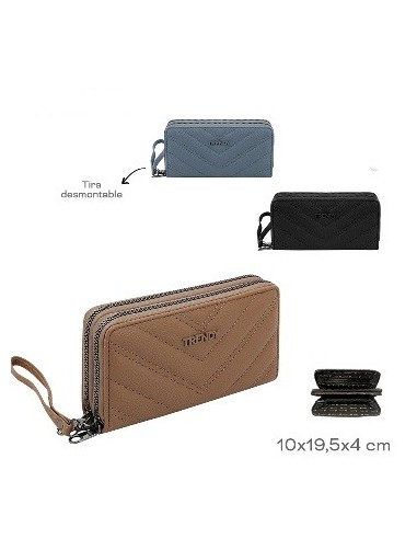 Billetera 2 Cierres Tira Desmontable  Doble Compartimento Pu Trendy 19100 Tar02