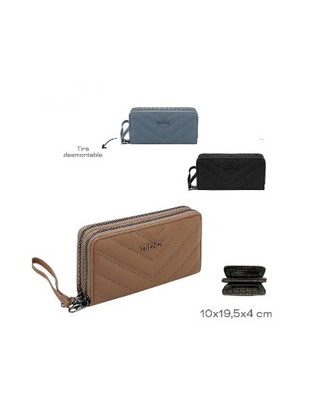 Billetera 2 Cierres Tira Desmontable  Doble Compartimento Pu Trendy 19100 Tar02